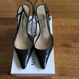 Manolo Blahnik Black Patent Cap-Toe Slingbacks
